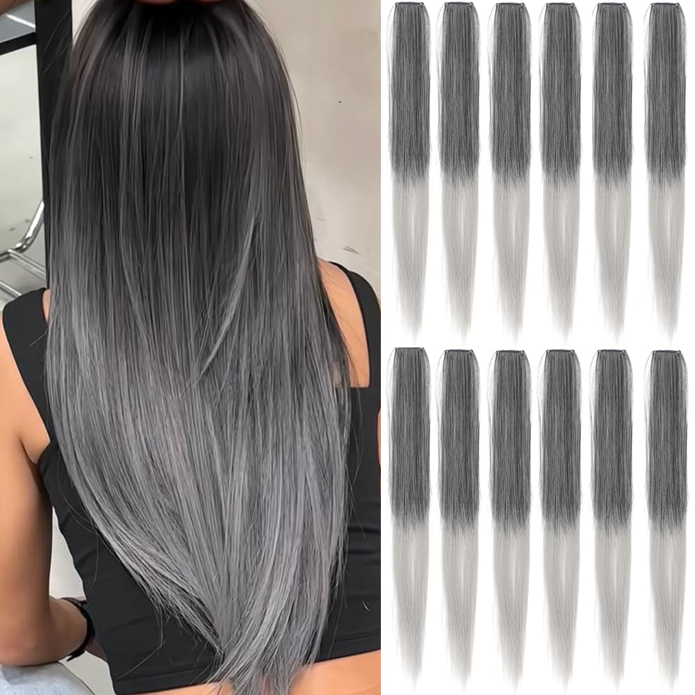 Photo 1 of 12 Pcs Black?Light Grey hair extensions 22 Inch Straight colored hair colorful clip in extensions Highlight Party for Kids Girls and Women Gift (Black?Light Grey, 47)
