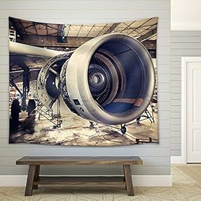 Engine of The Airplane Under Heavy Maintenance - Fabric Wall Tapestry Home Decor - 51x60 inches