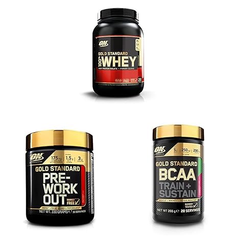 Optimum Nutrition Whey Gold Standard Protein, Vanille, 0.9 kg + Gold Standard Pre-Workout, 0.33 kg + Gold Standard BCAA, 0.26