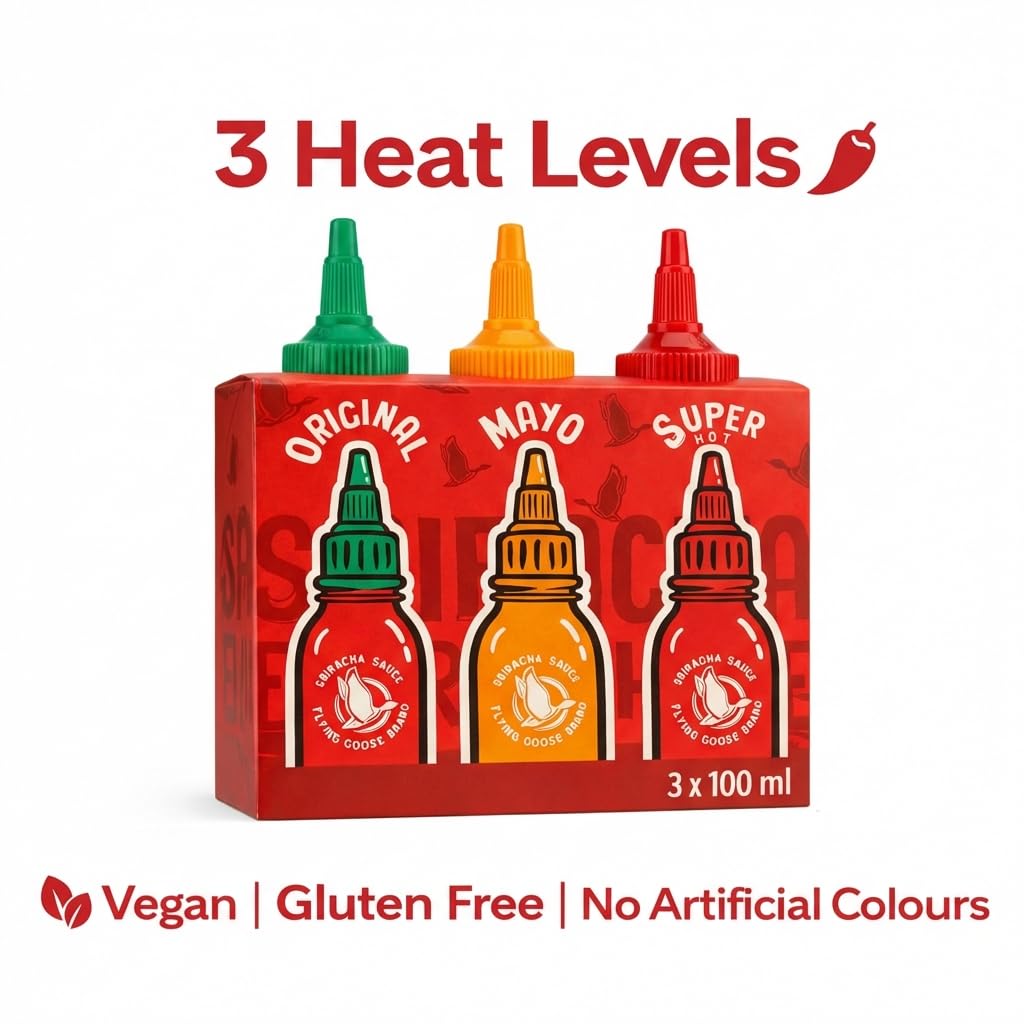 FLYING GOOSE Sriracha scharfe Chilisaucen Mischkarton in 3 Geschmacksrichtungen, ideal zum Verschenken, Würzsaucen aus Thailand zum Würzen, Dippen und Verfeinern, 3 x 100 ml Multipackung 3
