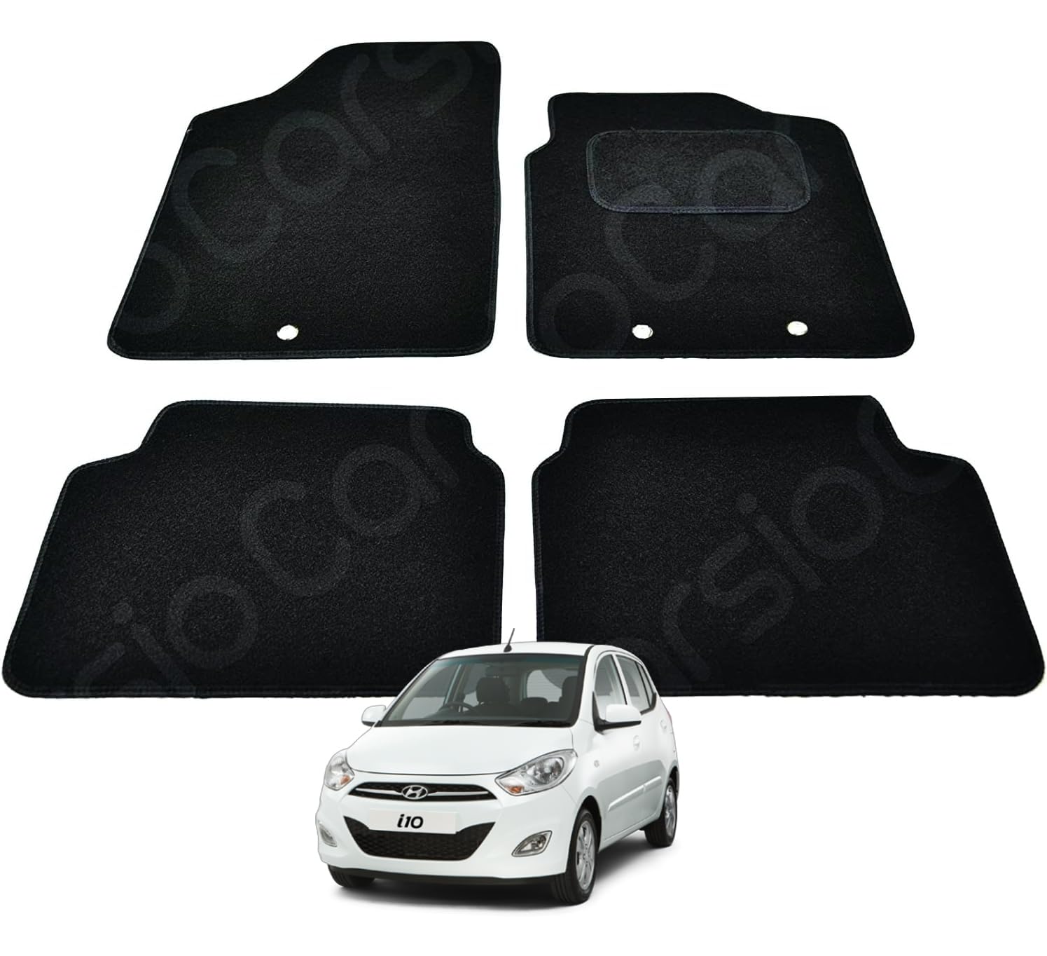 Carsio Carpet Car Mats For Hyundai i10 09 14 4 Piece Set with 3 Fixing Holes Tailored Fit Floor Mat Complete Accessory Black Custom Fitted - All Weather, Anti-Slip Backing & Black Trim