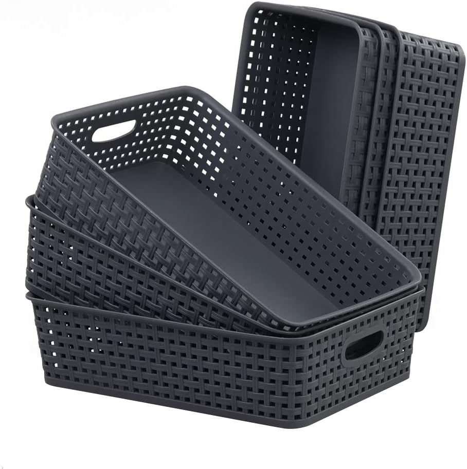 Yarebest 6 Packs Grey Woven Storage Baskets, Plastic A4 Shallow Tray Basket