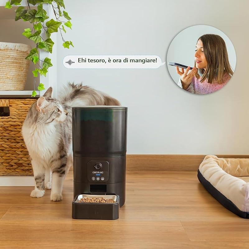 Distributore Automatico Cibo Gatti e Cani Pumba 6000 Purrfect Meal Smart Vision. Controllo Wifi, Camera, Registratore Vocale, 6L, Controllo Porzioni fino a 10mm, Allarme, Ciotola Acciaio Inox