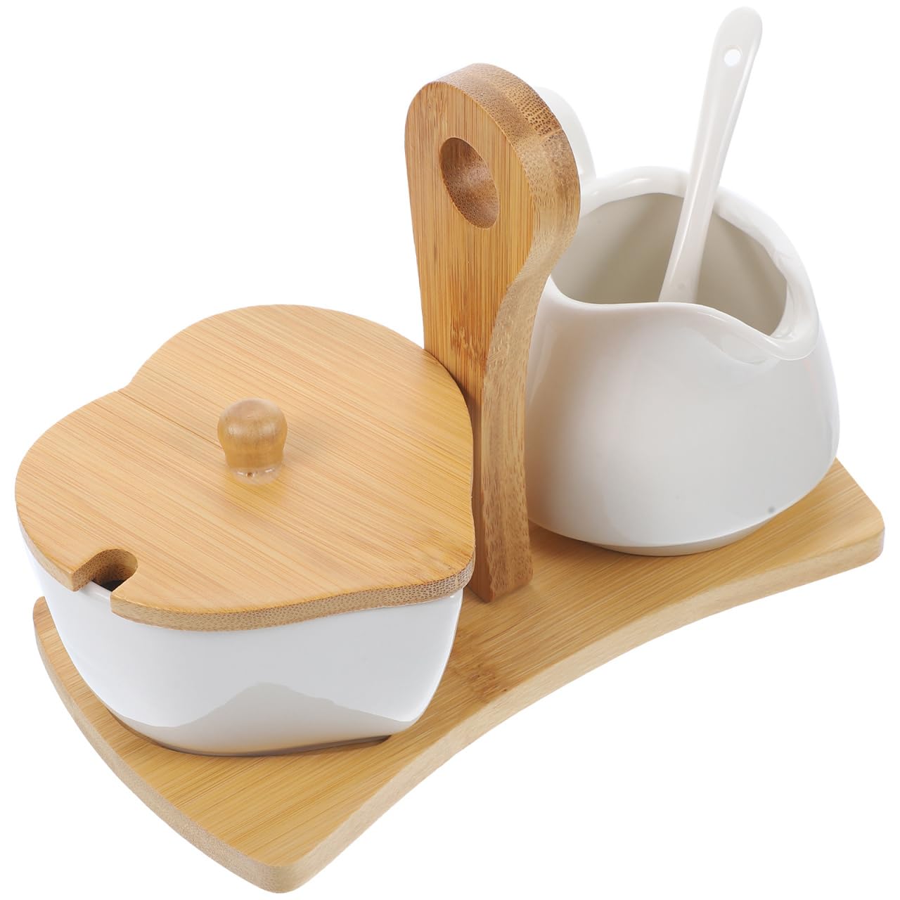 Lurrose Ceramic Sugar Bowl and Cream Pitcher Set with Bamboo Tray and Spoon for Tea Coffee Serving at Home or Hotel 7.09X3.74X4.33In