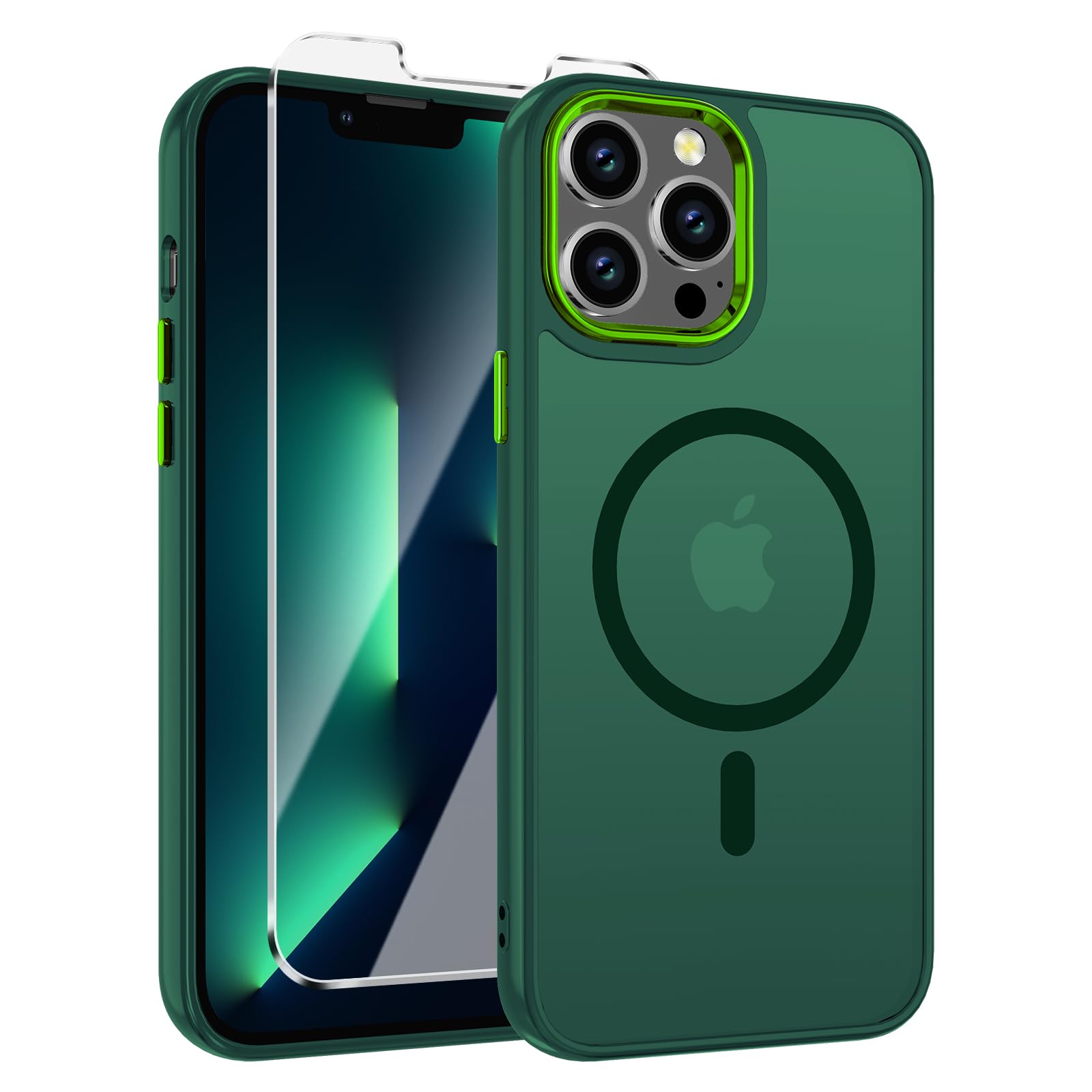 Photo 1 of WRJ for iPhone 13 Pro Max Case with Screen Protector, Magnetic Translucent Phone Case for Women Men [Compatible with Magsafe] Slim Anti-Fingerprints Shockproof Protective Cover-Dark Green