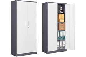 Anxxsu Metal Garage Storage Cabinet, 71" Locking Storage Cabinet with 2 Doors and 4 Adjustable Shelves, Lockable Metal Cabinet for Office,Home,Garage,Gym,School（Gray White）