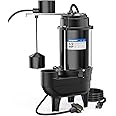 Acquaer 1/2HP Sump Pump Submersible, 6000 GPH Cast Iron Sewage Pump with Automatic Integrated Vertical Float Switch and Piggyback Plug, 2'' NPT Discharge Basements Pump for Sewers, Flood Zones