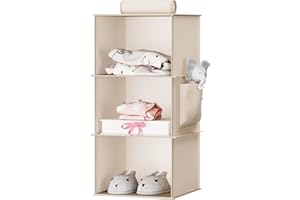 YOUDENOVA Hanging Closet Organizer, 3-Shelf Closet Hanging Storage Shelves, Beige