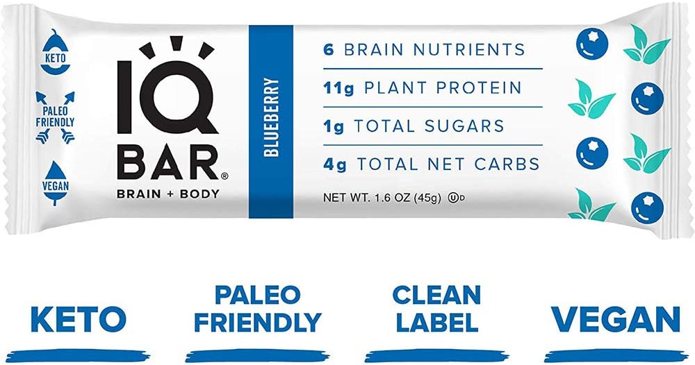 IQ BAR, Vegan Gluten Free Keto Bars - Low Carb Protein Bars, Healthy Keto Snack, Blueberry Flavour - Tasty Paleo Snack, Pack of 12 (1.6 oz Bar)