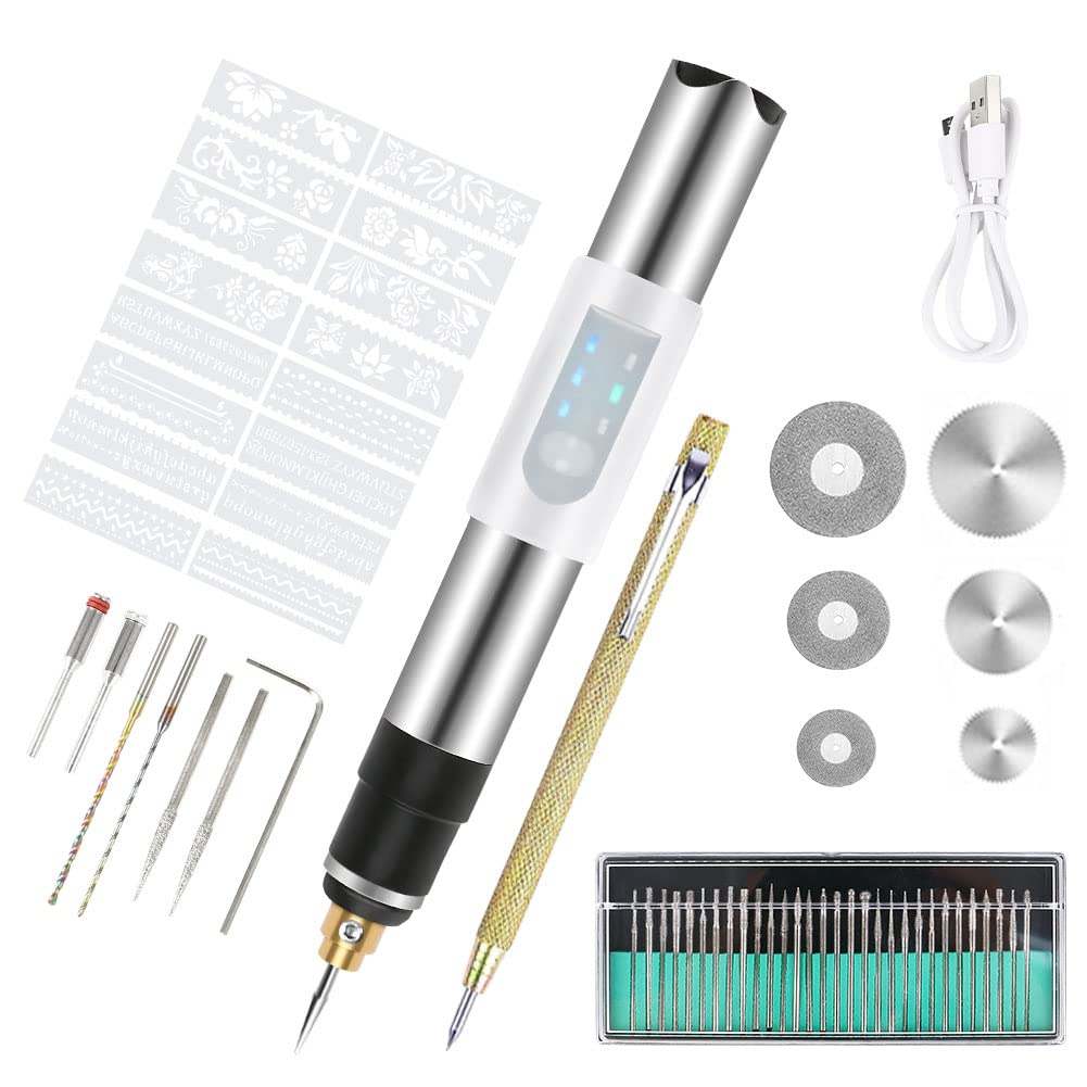 Electric Engraving Pen, Rechargeable Mini Engraver Etching Pen, Cordless Rotary Tool with Drills, Scriber and Stencils for Carving Glass Wood Metal Stone Plastic Nails Jewelry