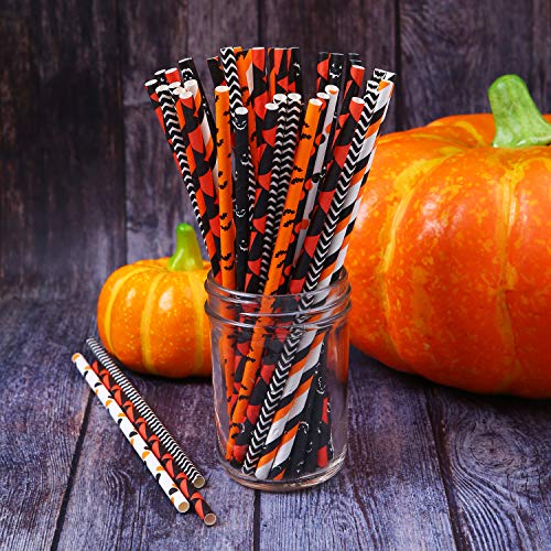 Cooraby 200 Pieces Halloween Paper Straws Pumpkin Bat Spider 
