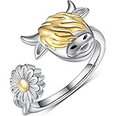 Highland Cow Open Ring 925 Sterling Silver Adjustable Cute Animal Open Rings with Loving Heart Cow Jewelry Gift for Women
