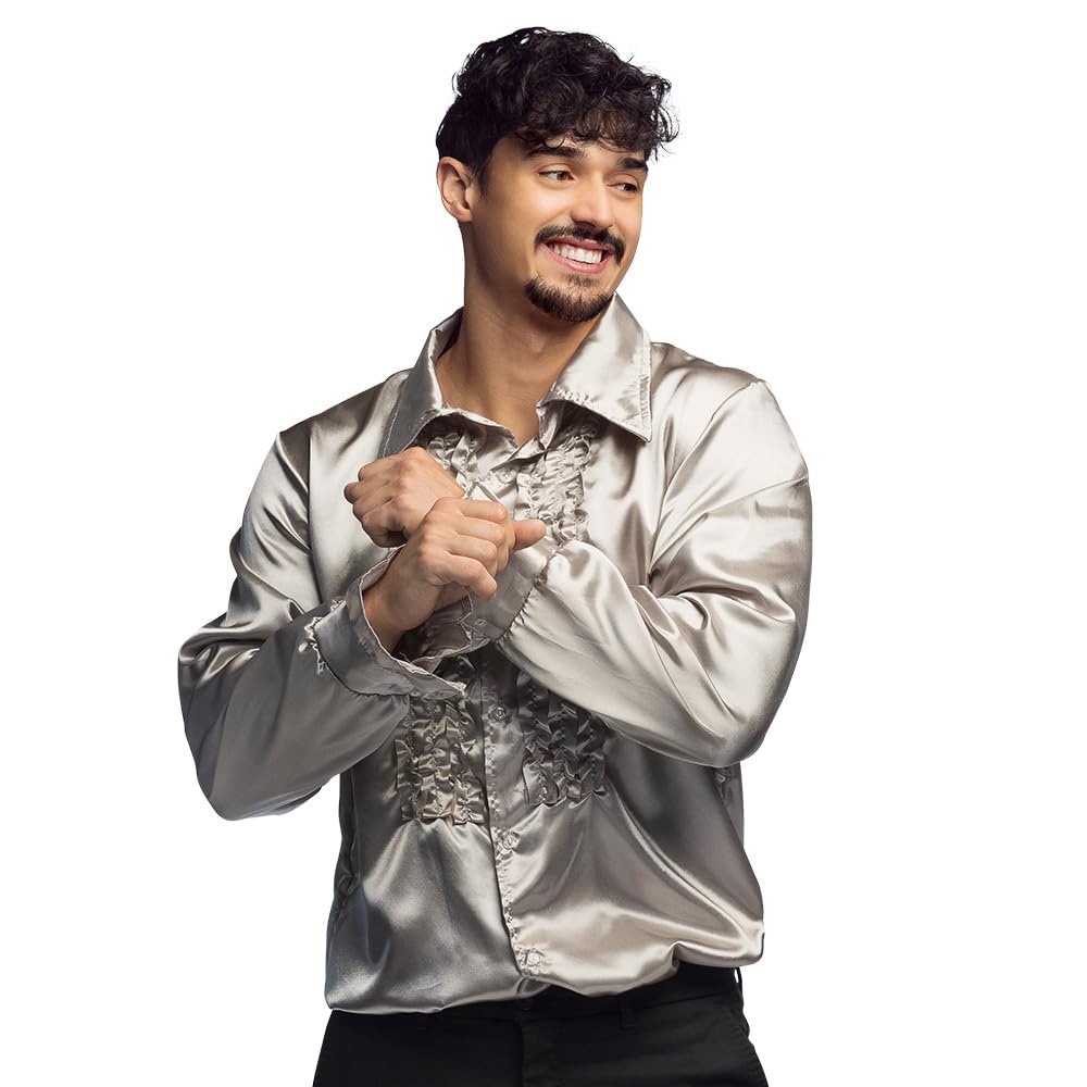 Boland - Disco Shirt with Frills Silver for Men Costume Party Shirt Schlagermove 70s Theme Party Carnival