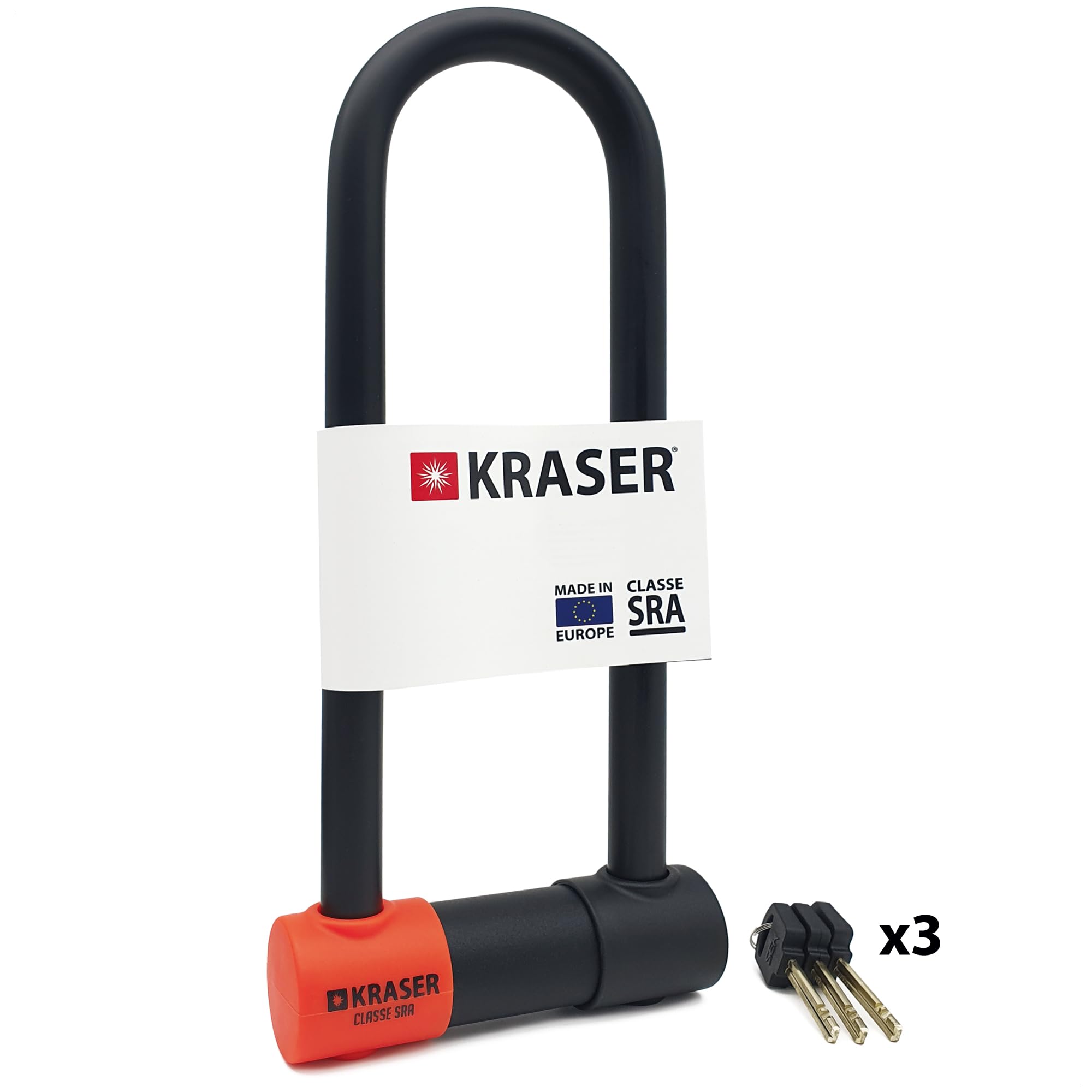 KRASER KR85L Robust U Lock, SRA Approved, High Security Tested, 85x300mm/3.34x11.8in ø18mm/0.7in Double Locking Shackle, Anti-Pick Lock, Anti Theft U Lock for Motorcycle, Scooter, Electric Bike