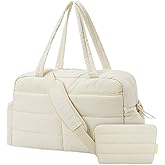 BAGSMART Gym Bag for Women, Lightweight Puffer Duffle Bag 2-PC Travel Bag, 31L Weekender Overnight Bag Quilted Carry On Tote Bag, Diaper Hospital Dance bag for Travel, Gym, Water Resistant, Beige