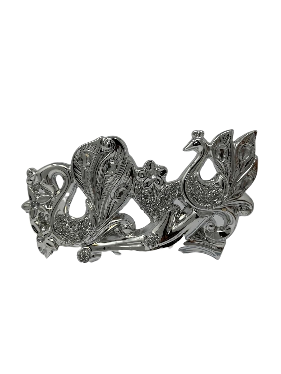 Silver Sparkle Ornament Bling Crushed Diamond Heart with Peacock, Handmade Craft, Gift for All Occasions, Home Decor, Wedding Gifts, 25th Anniversary Presents