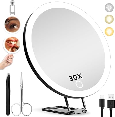 Hmggoofa 30X Magnifying Mirror with Lights 6 inch W/ 3 Suction Cups & Stand