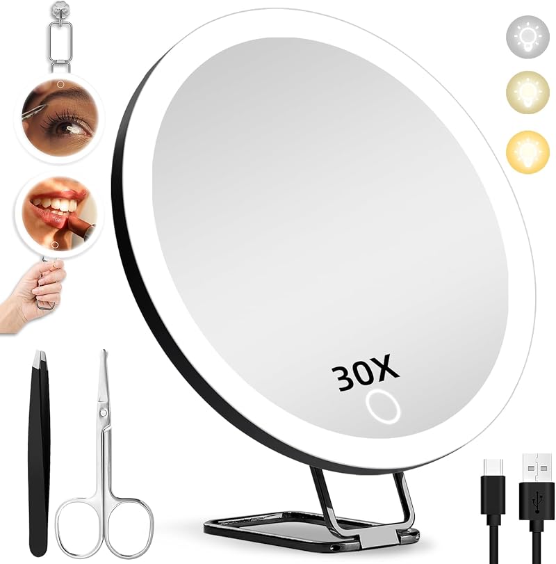 Hmggoofa 30X Magnifying Mirror with Lights 6 inch W/ 3 Suction Cups & Stand