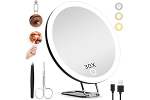 JJhxr 30X Magnifying Mirror with Lights, 6inch Makeup Magnified Mirror 30X Lighted Travel Magnification with 3 Suction Cups and 360° Adjustable Stand- Includes Tweezers & Scissors