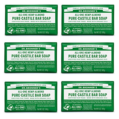 Dr. Bronner's - Pure-Castile Bar Soap (Almond, 5 oz, 6-Pack) - Made with Organic Oils, For Face, Body & Hair, Gentle…