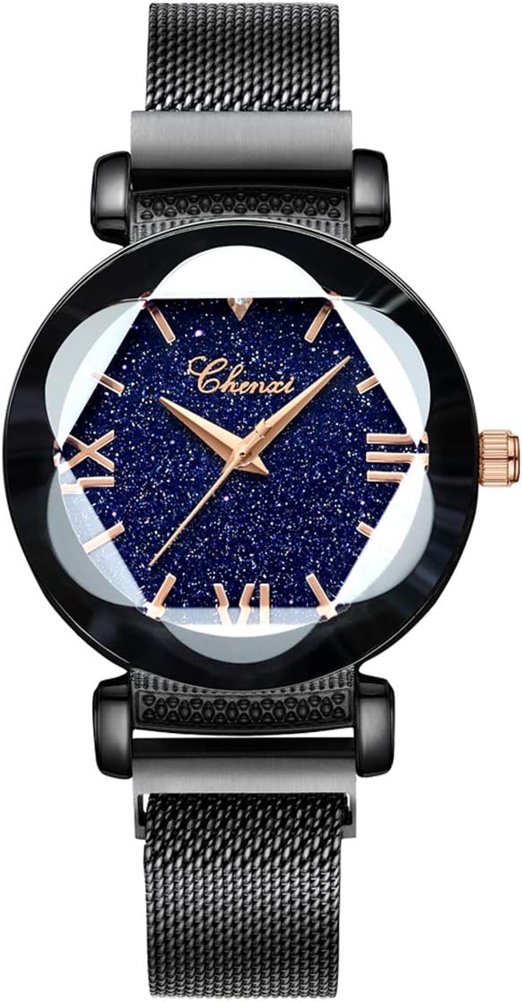 Lefancy Women Ladies Girls Diamond Face Starry Sky Magnetic Strap Mesh Band Bracelet Wrist Watch (Black)