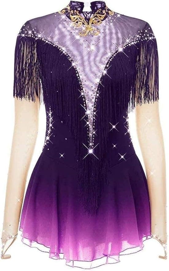 Womens Girls Long Sleeve Ice Skating Dress Figure Skating Costume Dance