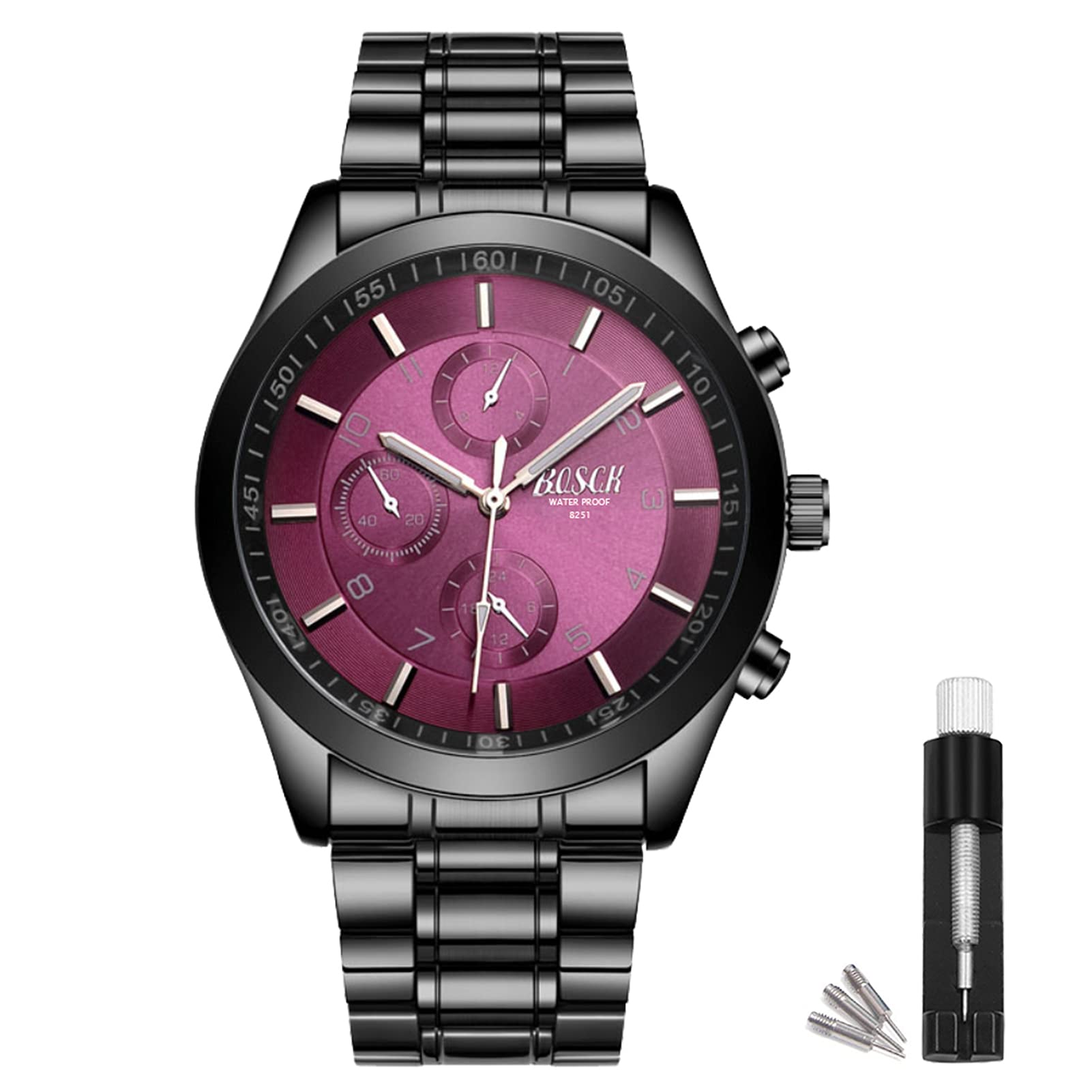 BOSCK Men's Casual Watch, Stainless Steel, 30M Waterproof, Quartz Movement, Analog Display, Black Dial, Black Stainless Steel Band with Deployment Clasp, 42mm Ceramic Case, Fashion, Adult Men's Watch