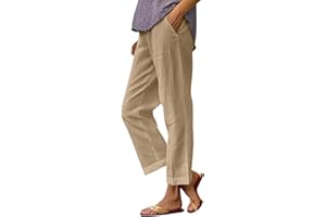 ZsaeSM Cropped Linen Pants Women Summer Elastic Waist Straight Leg Plus Size Crop Pants Casual Beach Trousers with Pockets