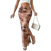 BJhaz Women's Floral Midi Fall Skirt Mesh Slit Split Long Maxi Skirts Women Outfit