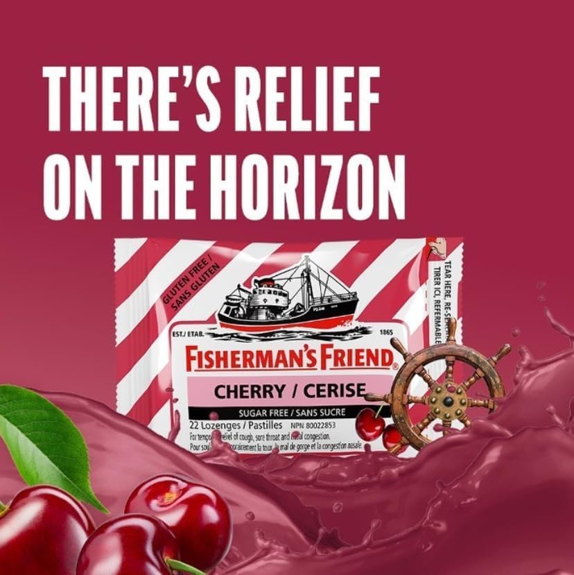 Fisherman’s Friend – Sugar Free Cherry | For Temporary Relief of Cough, Sore Throat & Nasal Congestion | No Sugar | Halal, Vegan, Kosher & Gluten Free | 8 Packs of 22 Lozenges (176 Total Count)