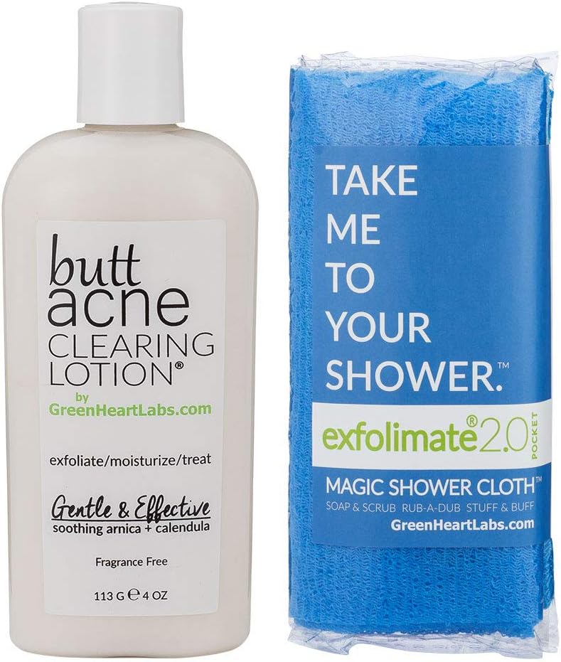 Brilliant Booty Kit | Butt Acne Clearing Lotion and ExfoliMATE Magic Body Exfoliating Cloth for Soft & Young Skin (Aqua)