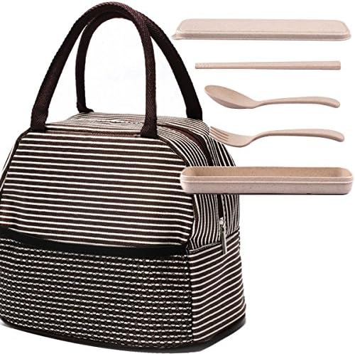 Insulated Lunch Bonus Flatware Set, Akesky Bag Tote Bag Lunch Organizer Lunch Holder Lunch Container for Adult Kids Women Men Boys Girls (Brown White Stripes)