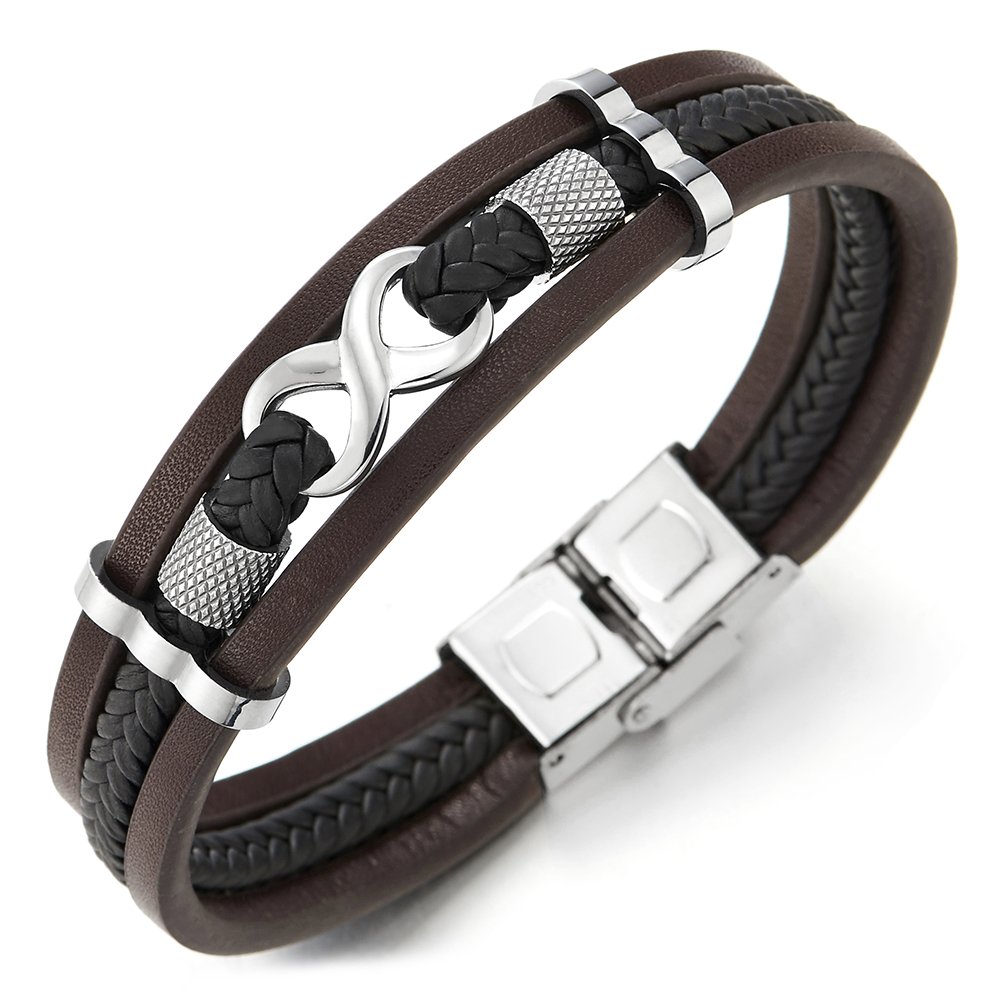 COOLSTEELANDBEYOND Three-Row Infinity Love Number 8 Friendship Brown Black Braided Leather Bangle Wristband Bracelet