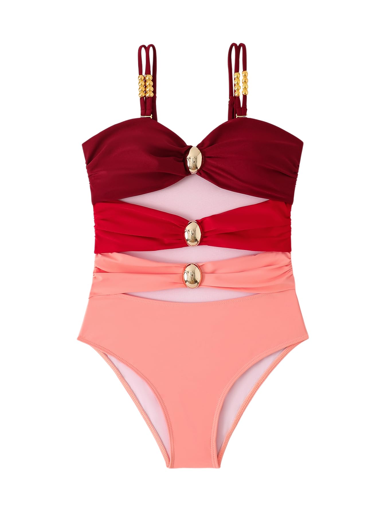 Photo 1 of Verdusa Women's Sexy One Piece Swimsuit Ruched Cut Out Color Block Swimwear Bathing Suit Red Multicolored Medium