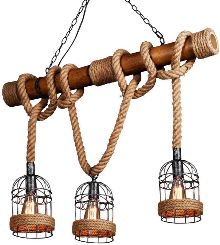 ZfgG Rustic Hemp Rope and Bamboo Pendant Lamp Wooden Chandelier Retro Vintage Rope Lights Chandelier Hanging Iron Cage Hanging Lamp Hand Woven Ceiling Lamp (Color : Bamboo 2)