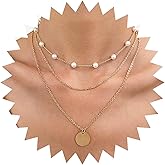 Allereyae Vintage Layered Coin Disc Necklace Gold Pearl Station Chain Necklace Coin Pendant Necklace Layering Coin Choker Necklace Jewelry for Women (Gold)