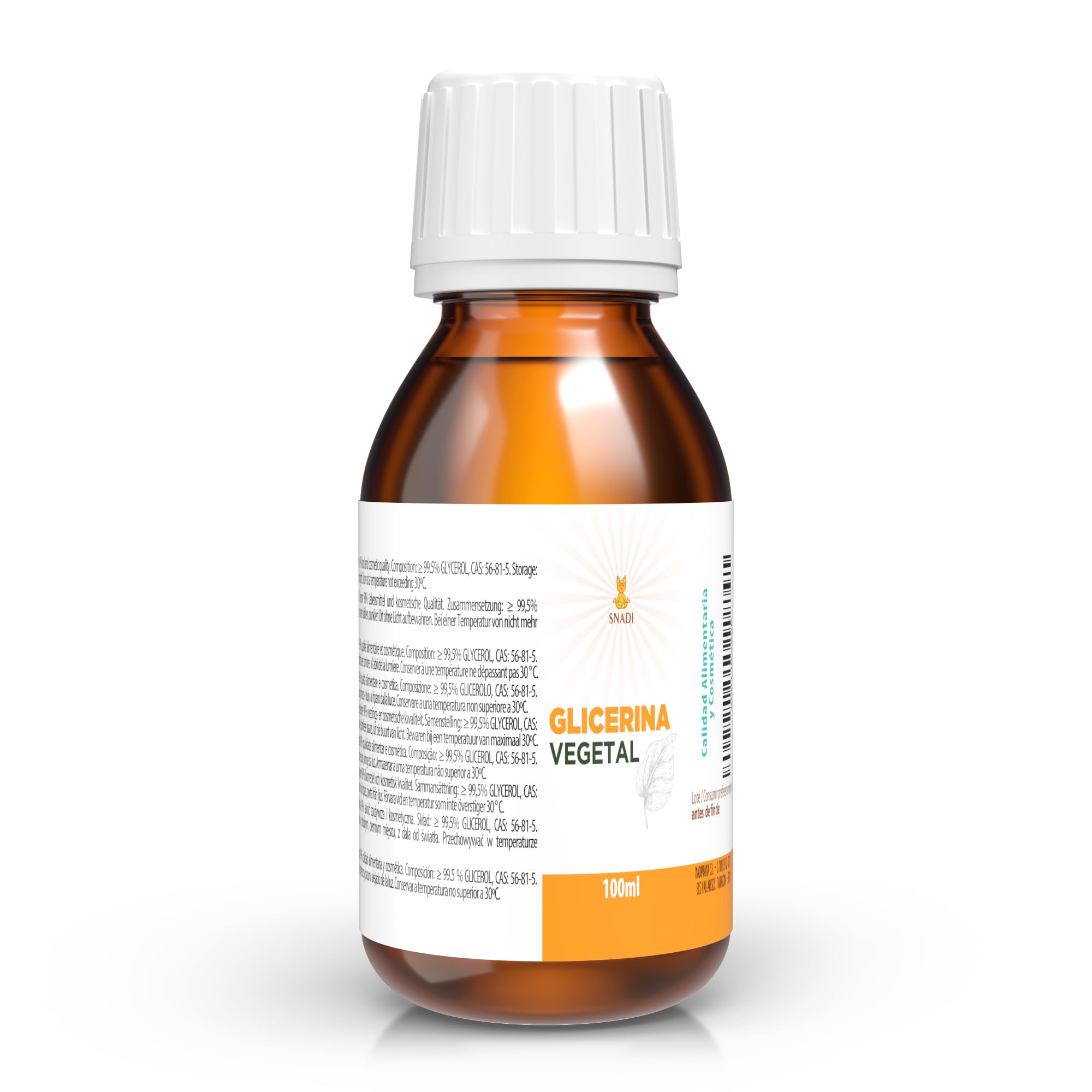 100 ml - Oral and Cosmetic Glycerine, Purity +98% (Vegetal Glycerine). Edible Glycerine, Cosmetic, Skin, Hair. Natural Glycerine.