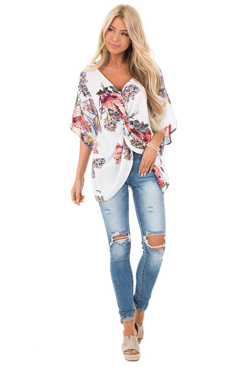 Women\'s Print V Neck Half Short Cut Sleeve Tops with Twist Knot Front Shirts Blouses (S, White)