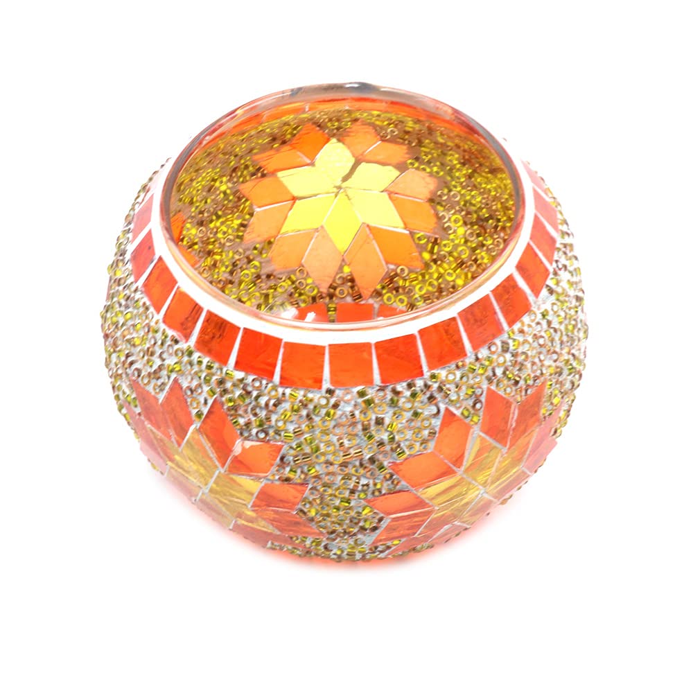 ANCLLO Mosaic Round Glass Candle Holder, Handmade Snowflake Tealight Holders Bulk Table Centerpiece for Home Decor Wedding(Orange)