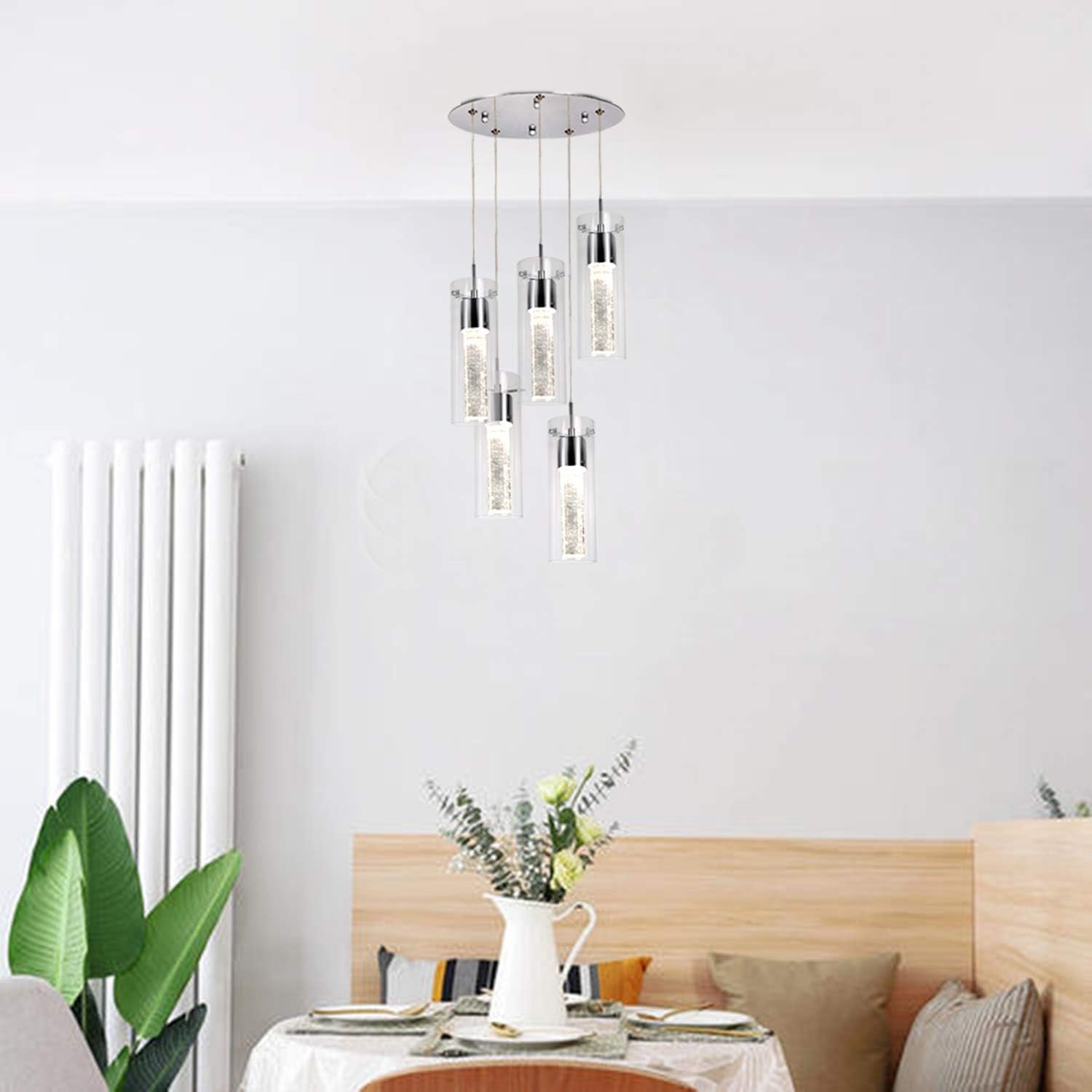 5-Light Pendant Ceiling Fixture, Integrated LED Kitchen Lighting, 30W (180 Watt Equivalent) CRI 90+, 2250lm Premium Bubble Glass with Chromed Finished ETL Listed - - 