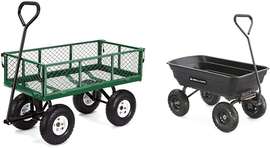 Gorilla Carts GOR400-COM Steel Garden Cart with Removable Sides, 400-lbs. Capacity, Green & GOR4PS Poly Garden Dump Cart with Steel Frame and 10-in. Pneumatic Tires, 600-Pound Capacity, Black