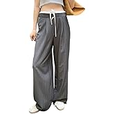 AEJENNIO Women Baggy Pant Y2K Casual Pinstriped Drawstring Elastic High Waist Wide Leg Pant with Pockets
