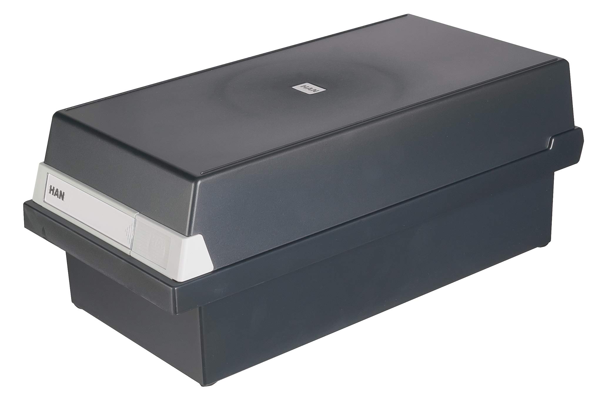 HAN 956-13, Card filing box A6 landscape. Innovative, attractive design holds 1,300 cards, readjustable lid supplied with large inscription label, black