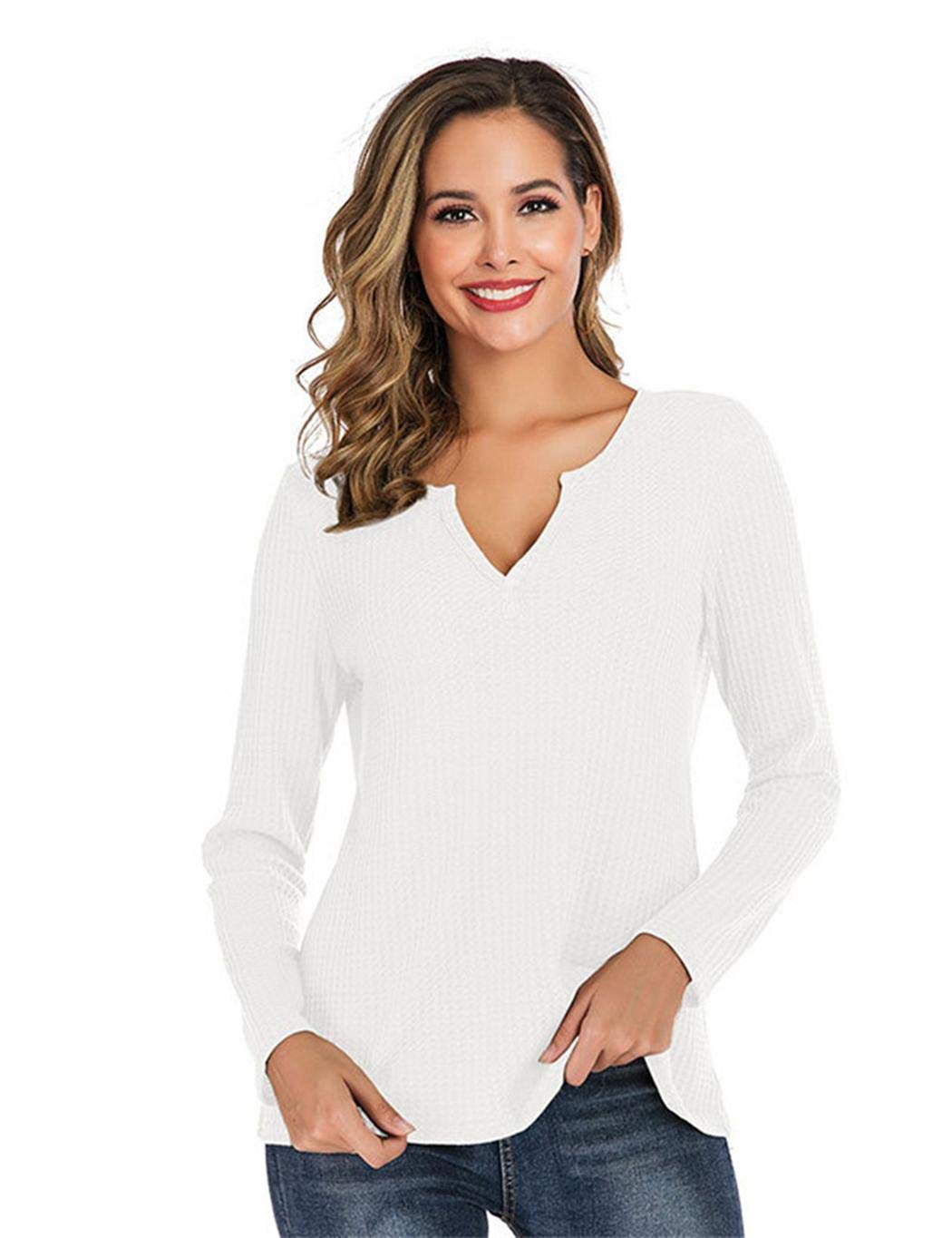XioNiu Women Casual Long Sleeve Solid T-Shirt Autumn Winter V-Neck Loose Tops Knits & Tees White