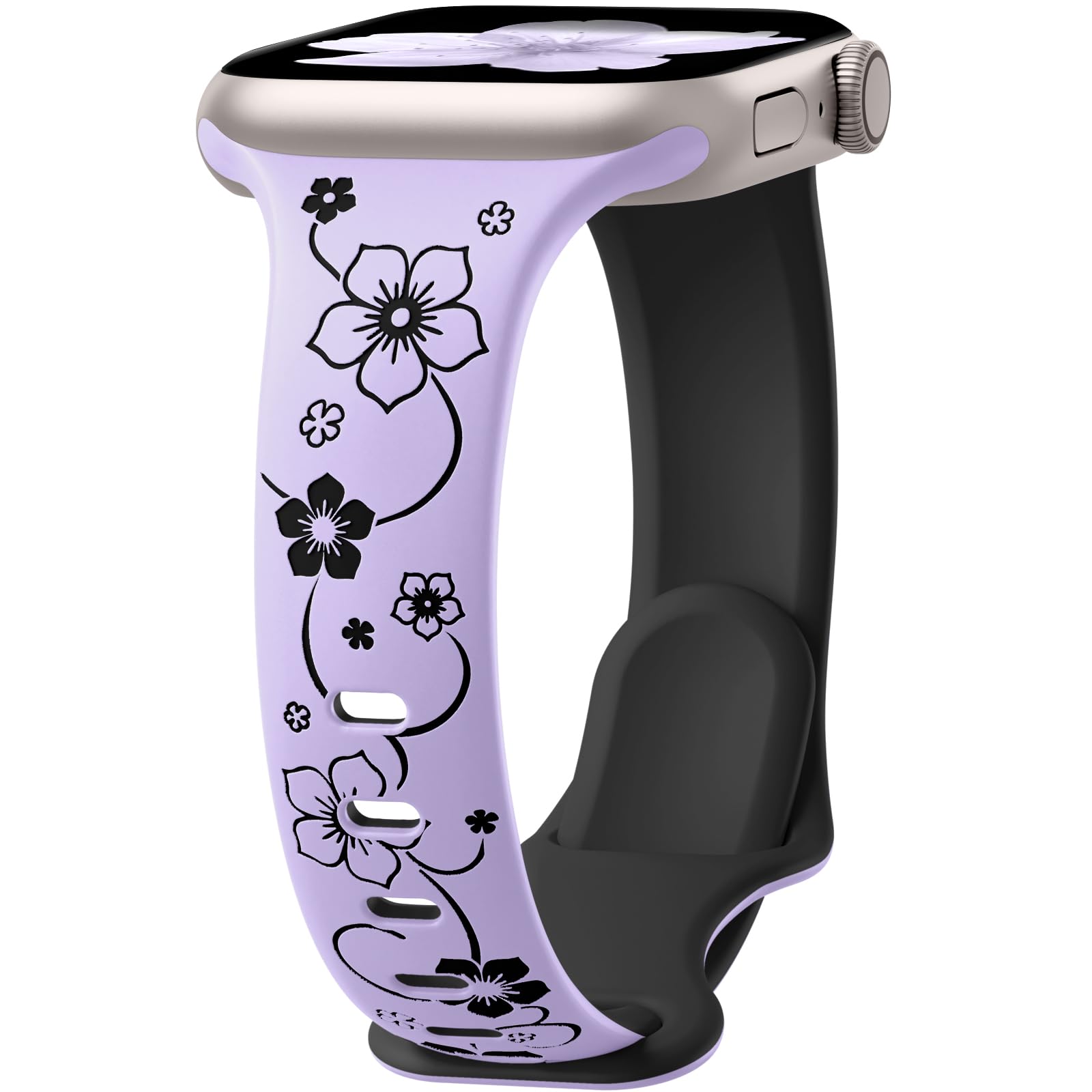 Lerobo Floral Engraved Compatible with Apple Watch Bands 40mm 41mm 38mm Women, Slim Soft Cute Two-Tone Soft Silicone Sport Strap for iWatch Bands Series 11 42mm 10 9 8 7 6 5 4 3 2 1 SE,Purple/Black