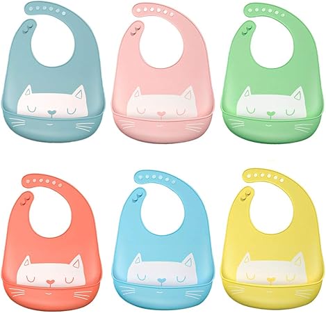 Manyo Bavoir Bebe Silicone Souple Bavoir Plastique Recuperateur Ajustable Chat Mignon Bavoir Silicone Enfant Grande Poche Leger Impermeable 6 Pack Amazon Fr Bebes Puericulture