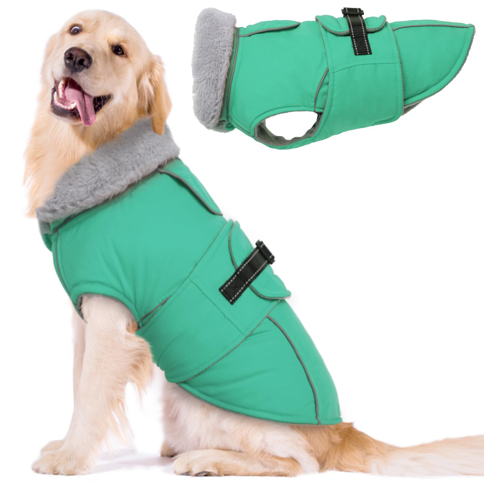 Lelepet Warm Coats and Jackets for Dogs, Waterproof Winter Dog Coat for Cold Weather, Reflective Dog Puffer Jacket, Fleece Lining Pet Coat with Harness Hole for Extra Large Dogs, Green 3XL