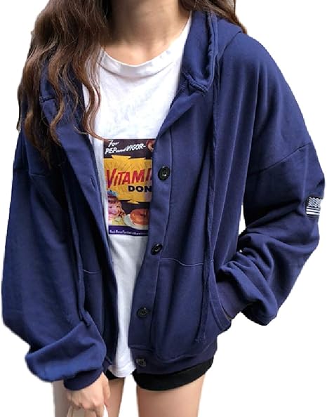 Amazon ココマリ フード付き パーカー レディース 前ボタン スウェット シンプル フリース アウター トレーナー トップス 秋 冬 ゆったり 裏起毛 フード Mサイズ ネイビー トレーナー パーカー 通販