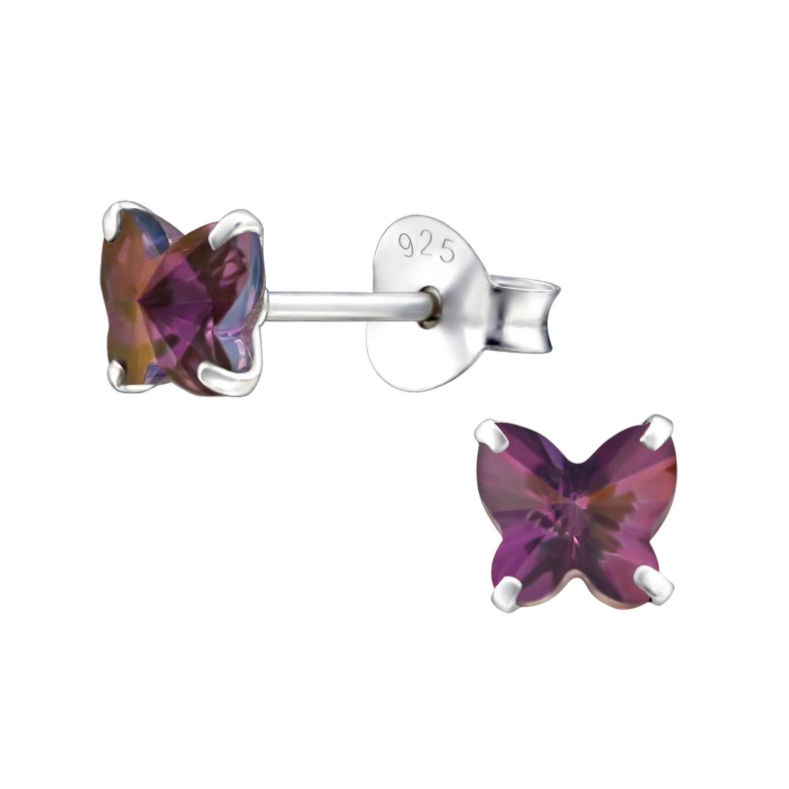 Butterfly Earrings with sparkly crystal (various options): 925 Sterling Silver earrings for women girls ladies - Sterling Silver studs – silver ear stud earrings - gift box (Lilac Shadow)