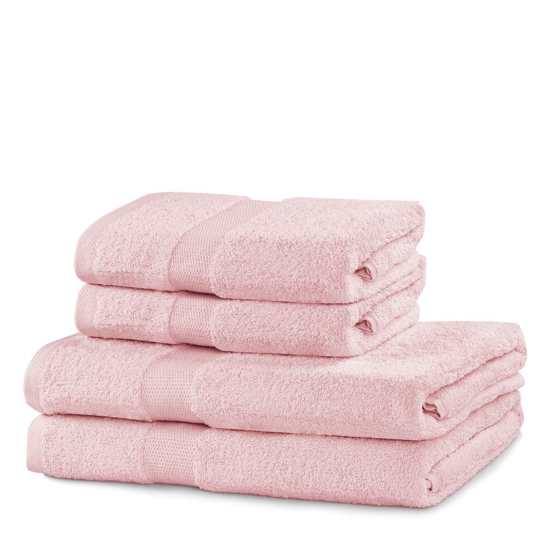 DecoKing Set of 4 Cotton Quality 525 g/m² 2 Hand Towels 50 x 100 cm and 2 Bath Towels 70 x 140 cm Light Pink Absorbent Marina
